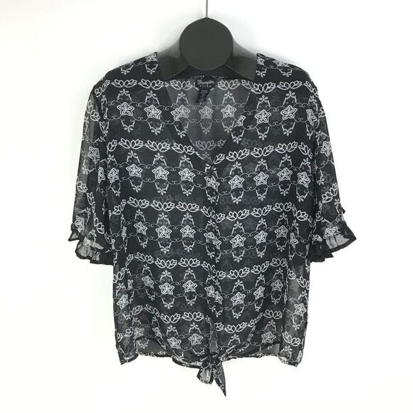 Wrangler Retro Button Down Blouse Women's XL Floral Chiffon Tie Front V-Neck - Picture 1 of 8